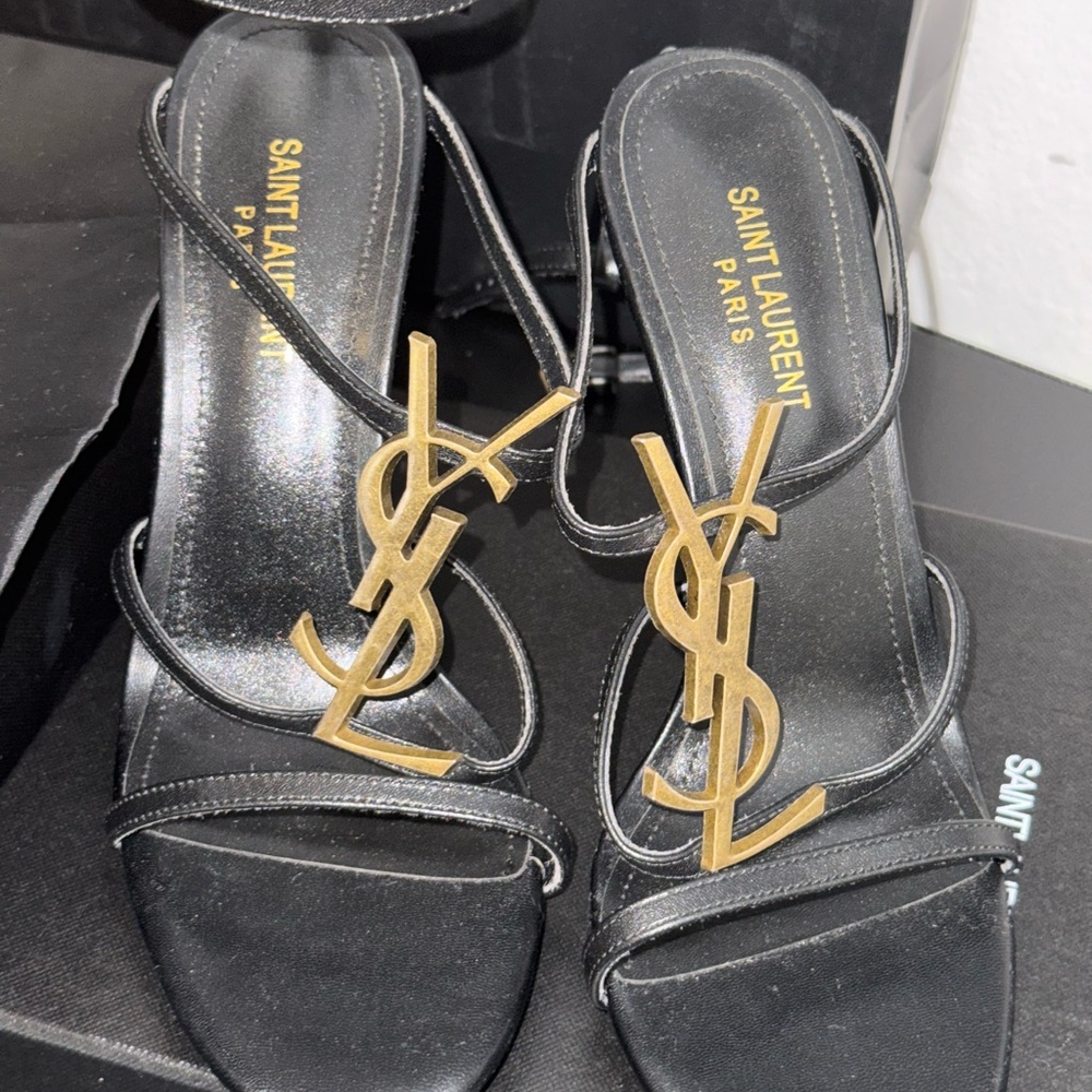 Yves Saint Laurent Black and Gold Heels with Stiletto Design